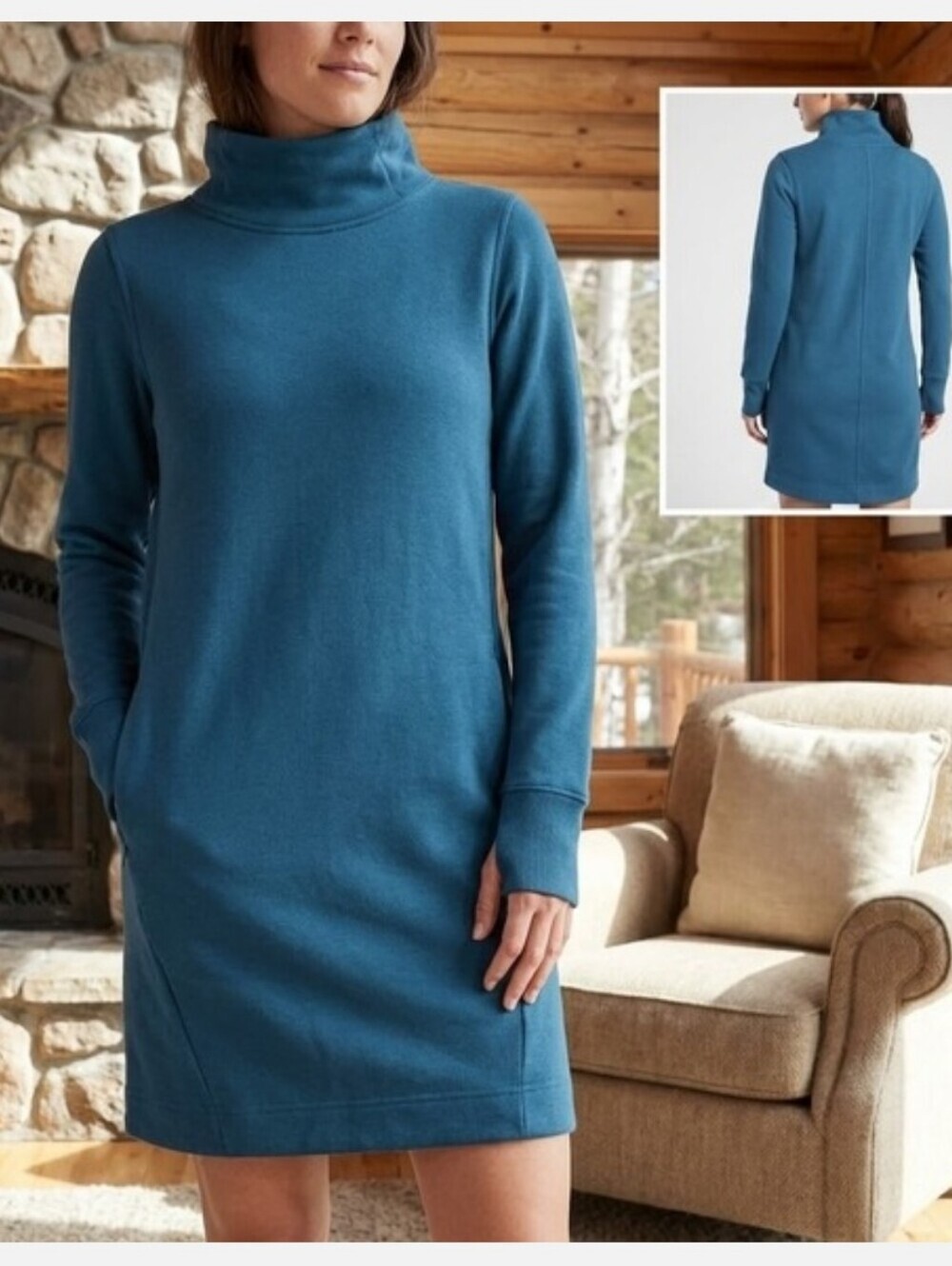 Athleta Cozy Karma Mock Neck Sweatshirt Dress Blue Size Small